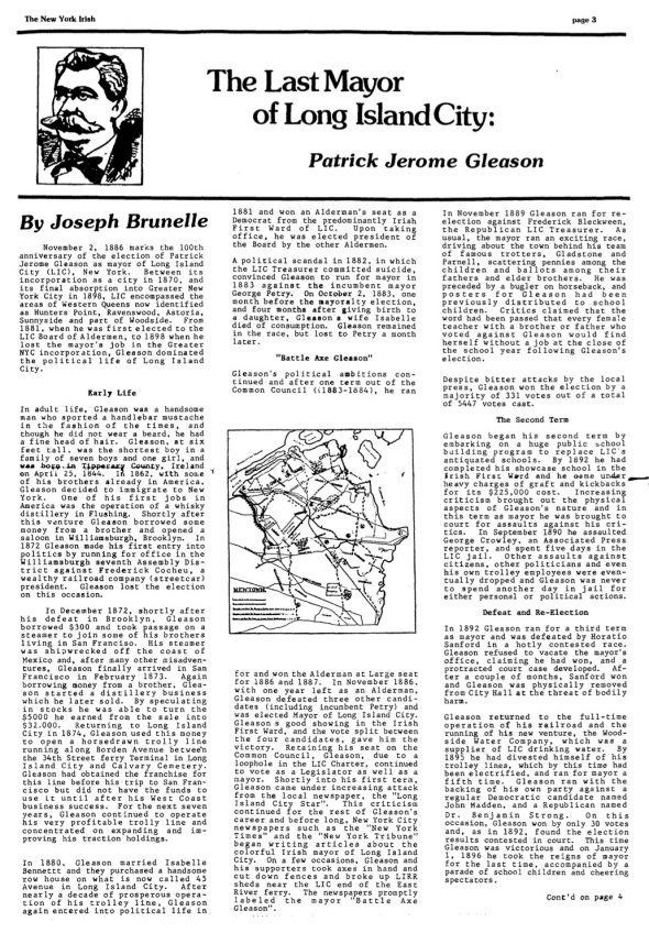 Page 1 of article: " The Last Mayor Of Long Island City - Patrick Jerome Gleason", from Volume V01 of the New York Irish History Roundtable Journal