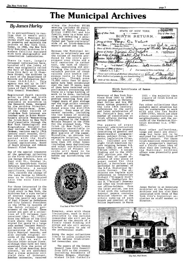 Page 1 of article: " The Municipal Archives", from Volume V01 of the New York Irish History Roundtable Journal