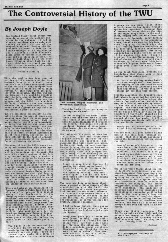 Page 1 of article: " The Controversial History of the TWU", from Volume V01 of the New York Irish History Roundtable Journal