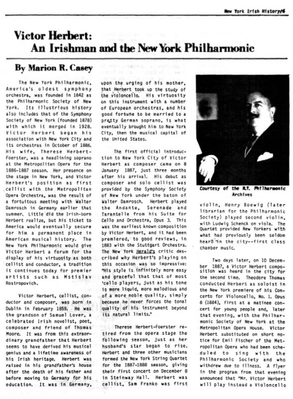 Page 1 of article: " Victor Herbert - An Irishman and the New York Philharmonic", from Volume V02 of the New York Irish History Roundtable Journal