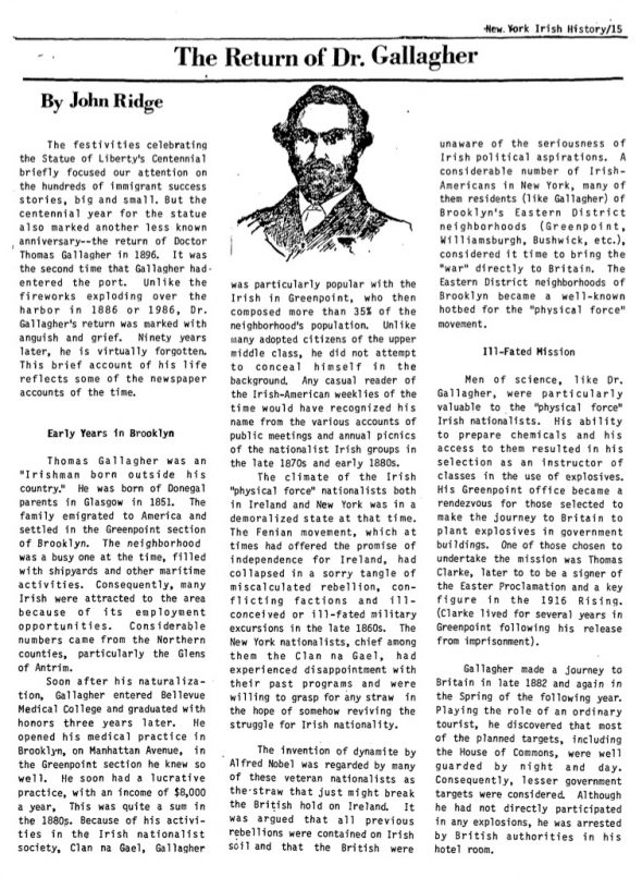 Page 1 of article: " The Return of Dr. Gallagher", from Volume V02 of the New York Irish History Roundtable Journal