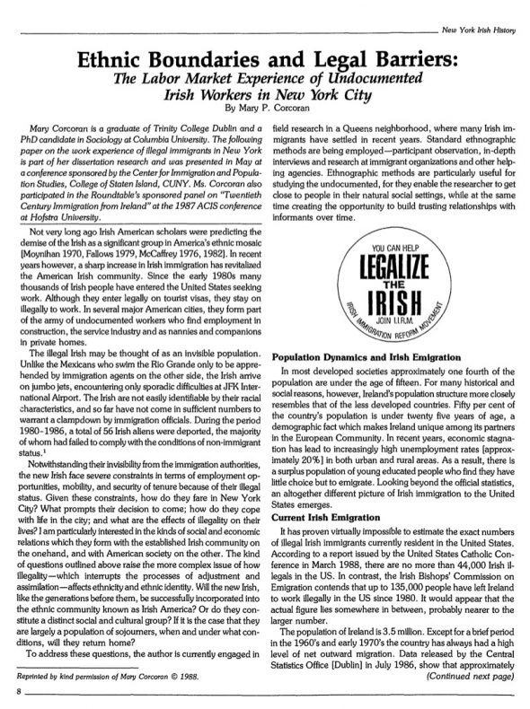 Page 1 of article: " Ethnic Boundaries and Legal Barriers - The Labor Market Experience of Undocumented Irish Workers in New York City", from Volume V03 of the New York Irish History Roundtable Journal