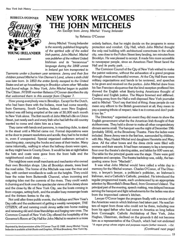 Page 1 of article: " New York Welcomes The John Mitchels An Excerpt From Jenny Mitchel - Young Irelander", from Volume V03 of the New York Irish History Roundtable Journal