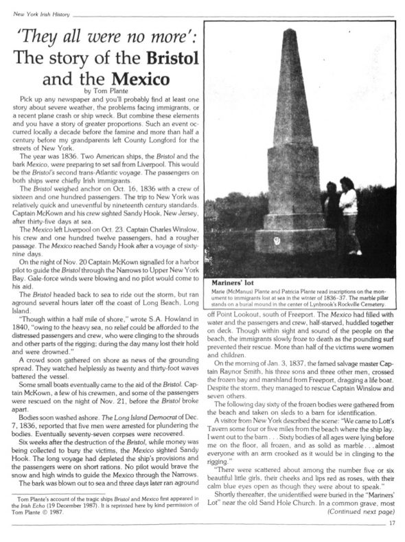 Page 1 of article: " They all were no more - The story of the Bristol and the Mexico", from Volume V03 of the New York Irish History Roundtable Journal
