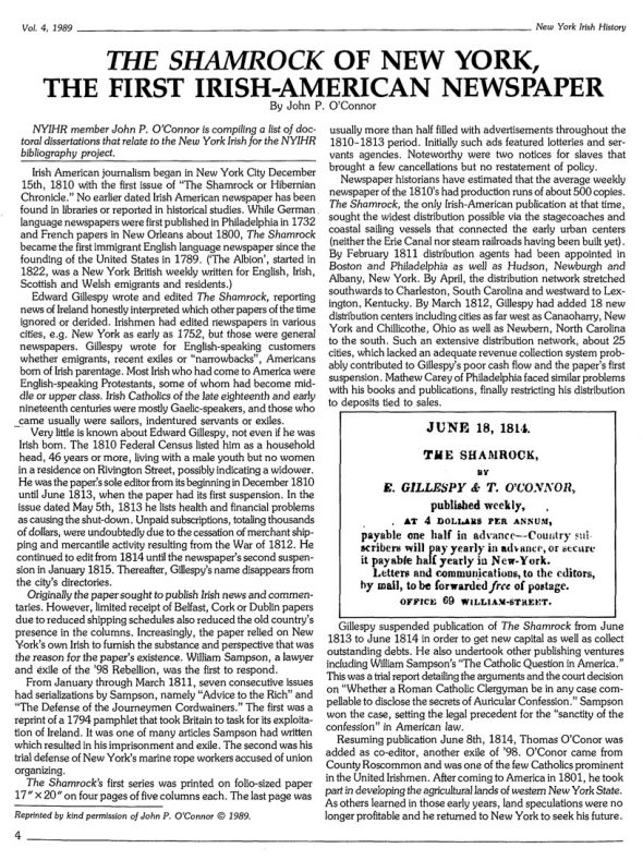 Page 1 of article: " The Shamrock Of New York, The First Irish-American Newspaper", from Volume V04 of the New York Irish History Roundtable Journal