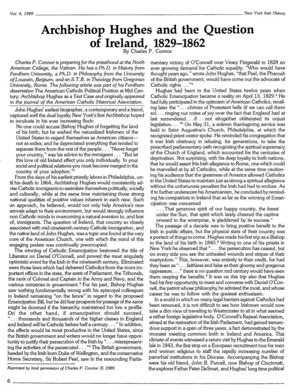 Page 1 of article: " Archbishop Hughes And The Question Of Ireland, 1829-1862", from Volume V04 of the New York Irish History Roundtable Journal