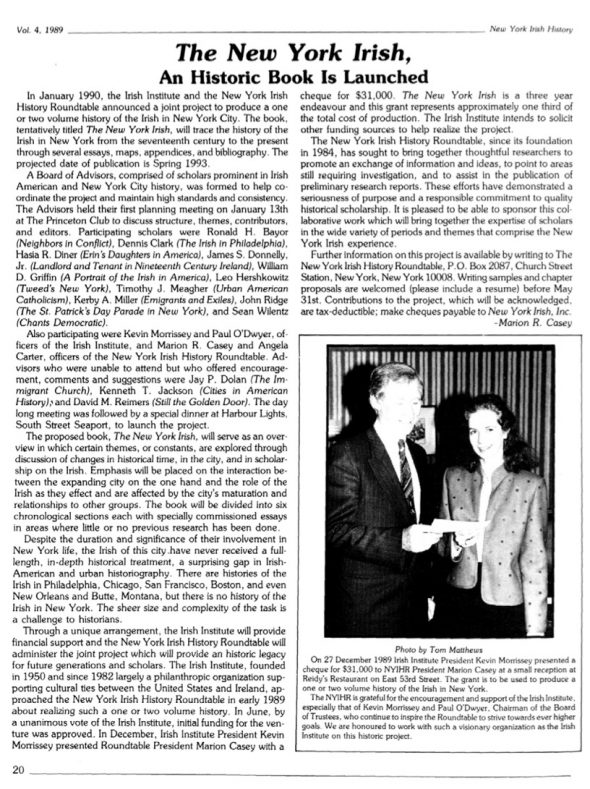 Page 1 of article: " The New York Irish, An Historic Book Is Launched", from Volume V04 of the New York Irish History Roundtable Journal