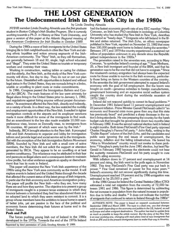 Page 1 of article: " The Lost Generation - The Undocumented Irish In New York City In The 1980s", from Volume V04 of the New York Irish History Roundtable Journal