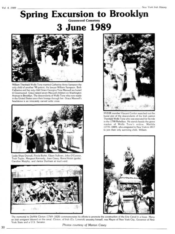 Page 1 of article: " Spring Excursion To Brooklyn Greenwood Cemetery, 3 June 1989", from Volume V04 of the New York Irish History Roundtable Journal