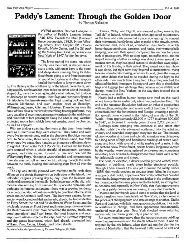 Page 1 of article: " Paddys Lament - Through The Golden Door", from Volume V04 of the New York Irish History Roundtable Journal