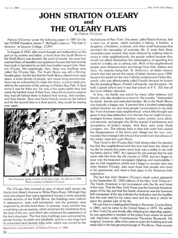 Page 1 of article: " John Stratton Oleary And The Oleary Flats ", from Volume V04 of the New York Irish History Roundtable Journal