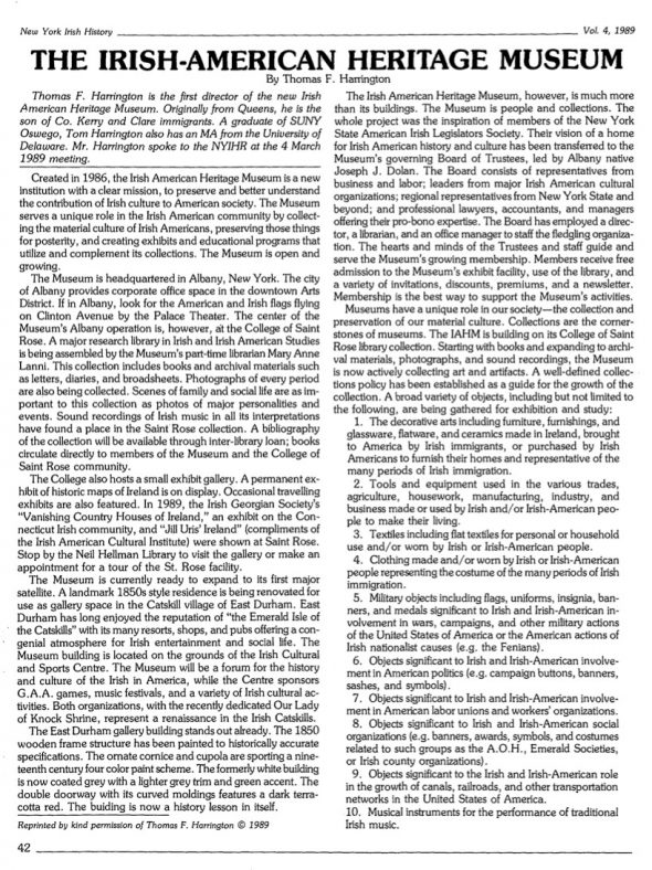 Page 1 of article: " The Irish-American Heritage Museum", from Volume V04 of the New York Irish History Roundtable Journal
