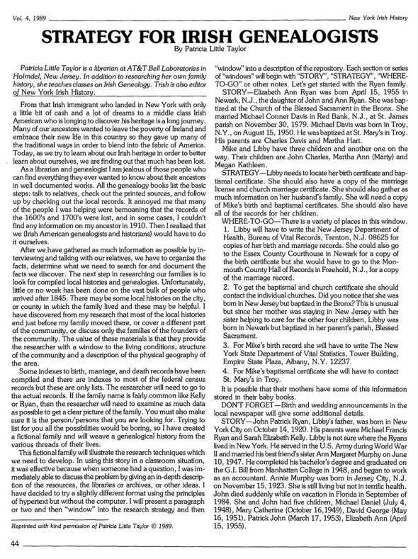 Page 1 of article: " Strategy For Irish Genealogists", from Volume V04 of the New York Irish History Roundtable Journal