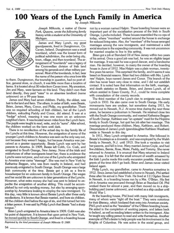 Page 1 of article: " 100 Years Of The Lynch Family In America", from Volume V04 of the New York Irish History Roundtable Journal