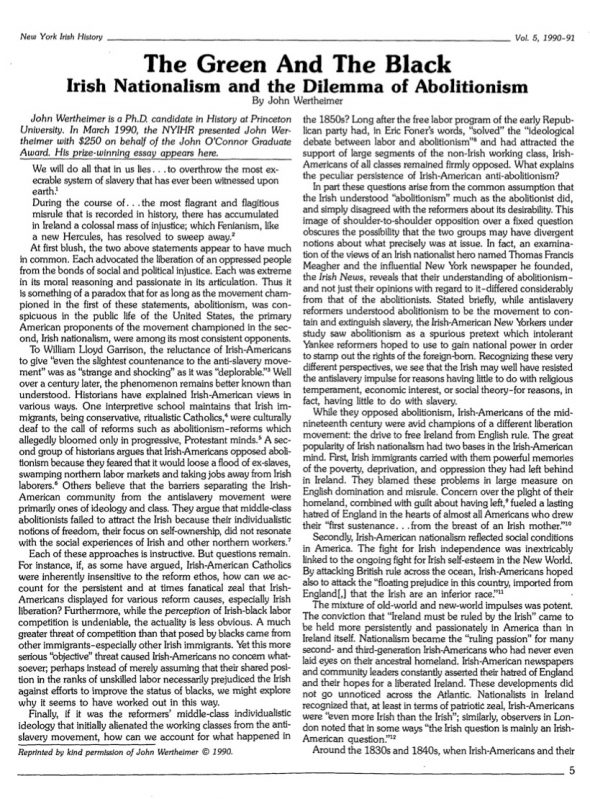 Page 1 of article: " The Green And The Black - Irish Nationalism And The Dilemma Of Abolitionism", from Volume V05 of the New York Irish History Roundtable Journal