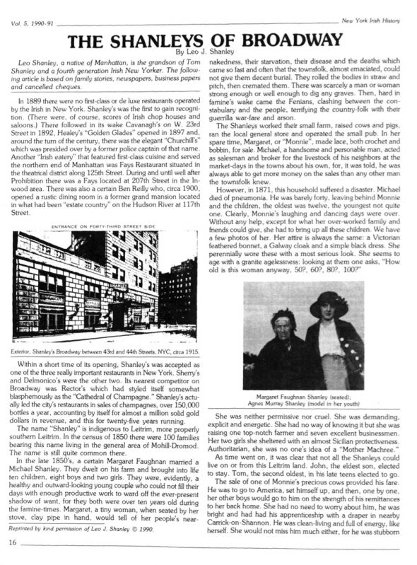 Page 1 of article: " The Shanleys Of Broadway", from Volume V05 of the New York Irish History Roundtable Journal