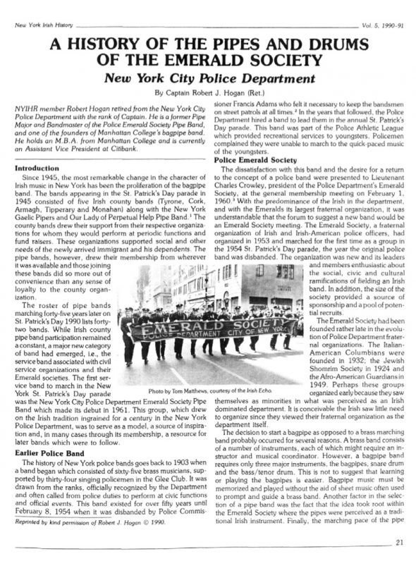 Page 1 of article: " A History Of The Pipes And Drums of The Emerald Society - New York City Police Department", from Volume V05 of the New York Irish History Roundtable Journal