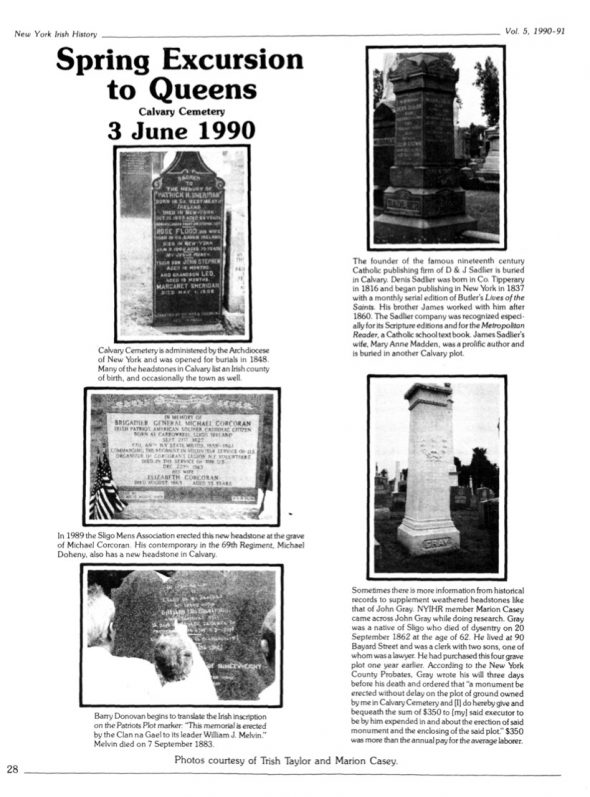 Page 1 of article: " Spring Excursion to Queens Calvary Cemetery, 3 June 1990", from Volume V05 of the New York Irish History Roundtable Journal