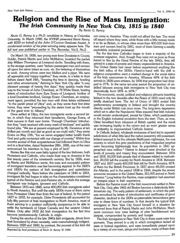 Page 1 of article: " Religion And The Rise Of Mass Immigration - The Irish Community In Neva York City, 1815 To 1840", from Volume V05 of the New York Irish History Roundtable Journal