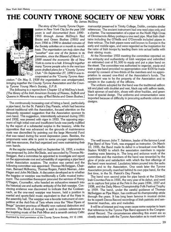 Page 1 of article: " The County Tyrone Society Of New York", from Volume V05 of the New York Irish History Roundtable Journal