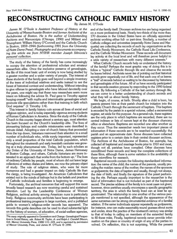 Page 1 of article: " Reconstructing Catholic Family History", from Volume V05 of the New York Irish History Roundtable Journal