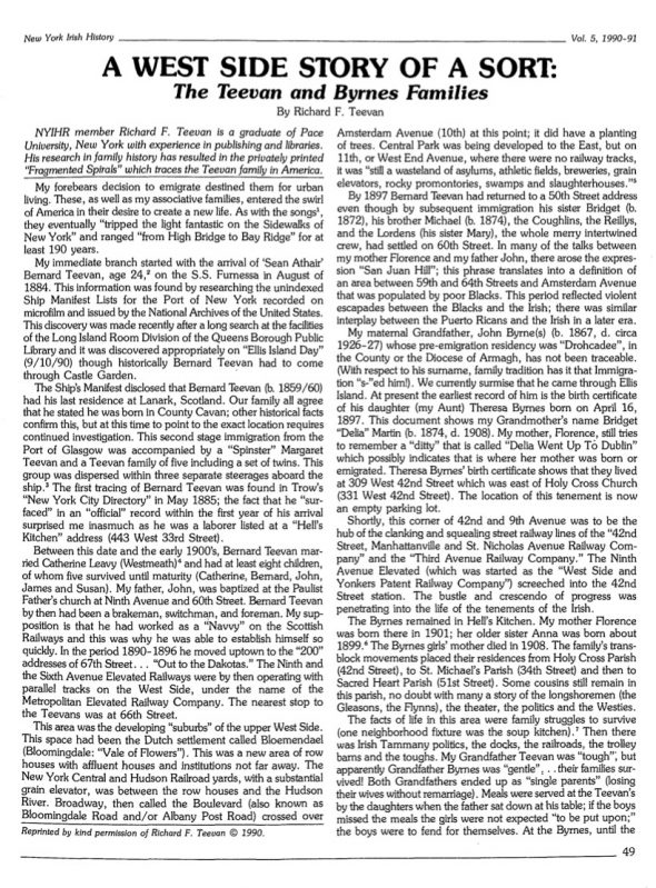 Page 1 of article: " A West Side Story Of A Sort - The Teevan And Byrnes Families", from Volume V05 of the New York Irish History Roundtable Journal