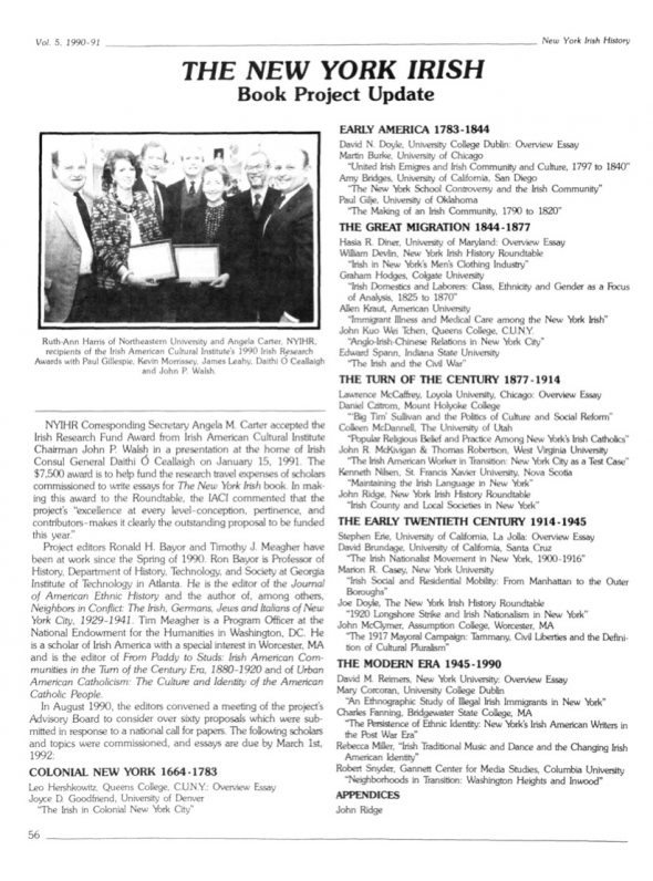 Page 1 of article: " The New York Irish Book Project Update", from Volume V05 of the New York Irish History Roundtable Journal