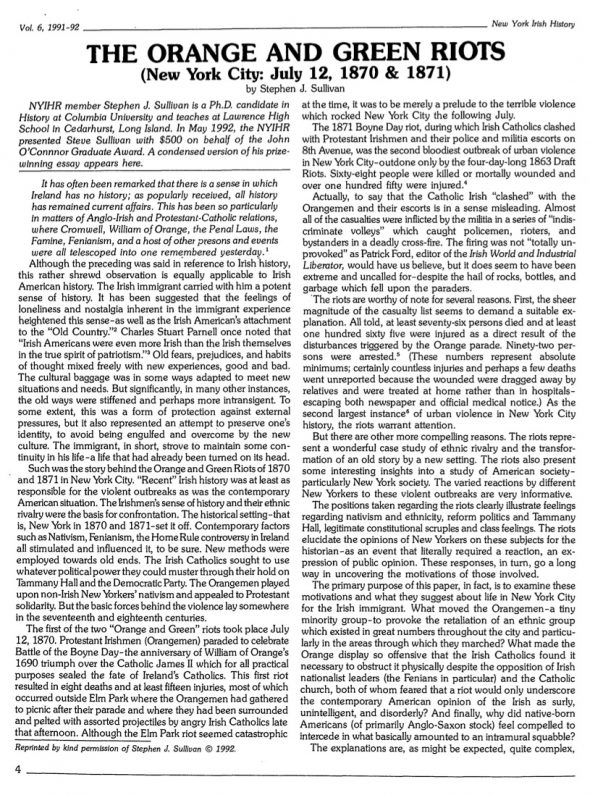Page 1 of article: " The Orange and Green Riots (New York City - July 12, 1870 & 1871)", from Volume V06 of the New York Irish History Roundtable Journal
