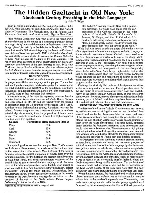 Page 1 of article: " The Hidden Gaeltacht in Old New York - Nineteenth Century Preaching in the Irish Language", from Volume V06 of the New York Irish History Roundtable Journal