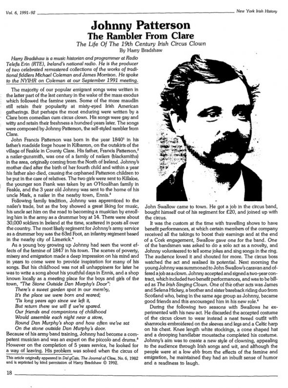 Page 1 of article: " Johnny Patterson - The Rambler From Clare - The Life Of The 19th Century Irish Circus Clown", from Volume V06 of the New York Irish History Roundtable Journal