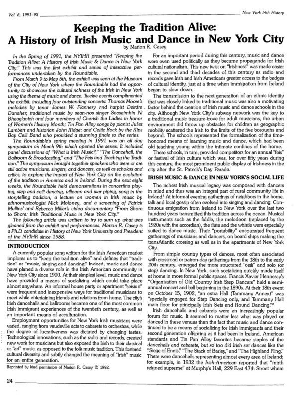 Page 1 of article: " Keeping the Tradition Alive - A History of Irish Music and Dance in New York City", from Volume V06 of the New York Irish History Roundtable Journal