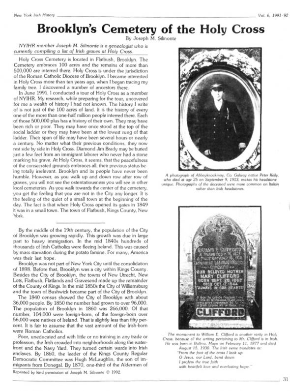 Page 1 of article: " Brooklyns Cemetery of the Holy Cross", from Volume V06 of the New York Irish History Roundtable Journal