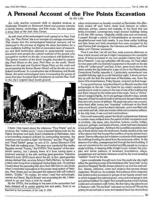 Page 1 of article: " A Personal Account of the Five Points Excavation", from Volume V06 of the New York Irish History Roundtable Journal