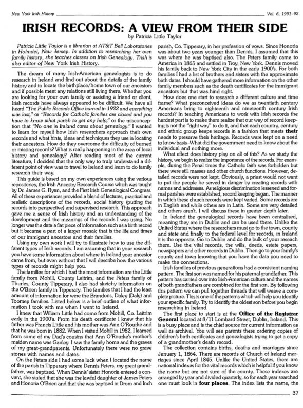 Page 1 of article: " Irish Records - A View From Their Side", from Volume V06 of the New York Irish History Roundtable Journal
