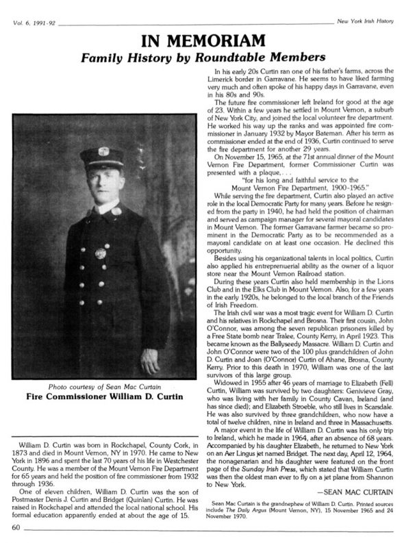 Page 1 of article: " IN MEMORIAM - Family History by Roundtable Members", from Volume V06 of the New York Irish History Roundtable Journal