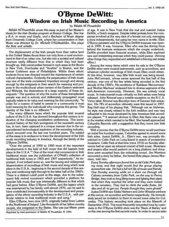 Page 1 of article: " OByrne DeWitt - A Window on Irish Music Recording in America", from Volume V07 of the New York Irish History Roundtable Journal