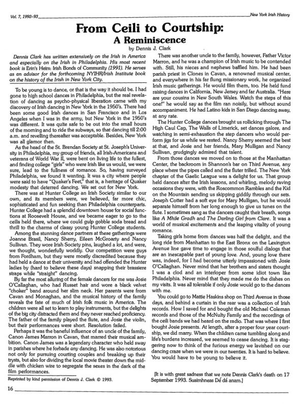 Page 1 of article: " From Ceili to Courtship - A Reminiscence", from Volume V07 of the New York Irish History Roundtable Journal