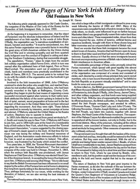 Page 1 of article: " From the Pages of New York Irish History, Old Fenians in New York", from Volume V07 of the New York Irish History Roundtable Journal