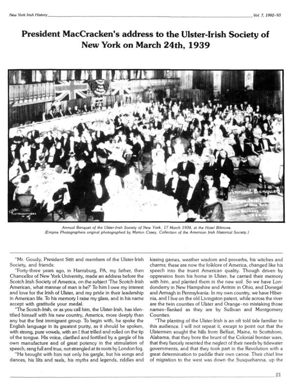 Page 1 of article: " President MacCrackens address to the Ulster-Irish Society of New York on March 24th, 1939", from Volume V07 of the New York Irish History Roundtable Journal