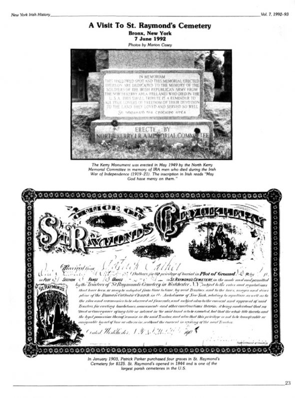 Page 1 of article: " A Visit To St.Raymonds Cemetery, Bronx, NewYork 7 June 1992", from Volume V07 of the New York Irish History Roundtable Journal