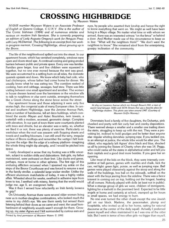 Page 1 of article: " Crossing Highbridge", from Volume V07 of the New York Irish History Roundtable Journal