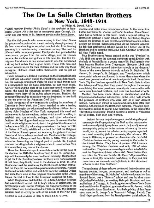 Page 1 of article: " The De La Salle Christian Brothers in New York, 1848-1914", from Volume V07 of the New York Irish History Roundtable Journal