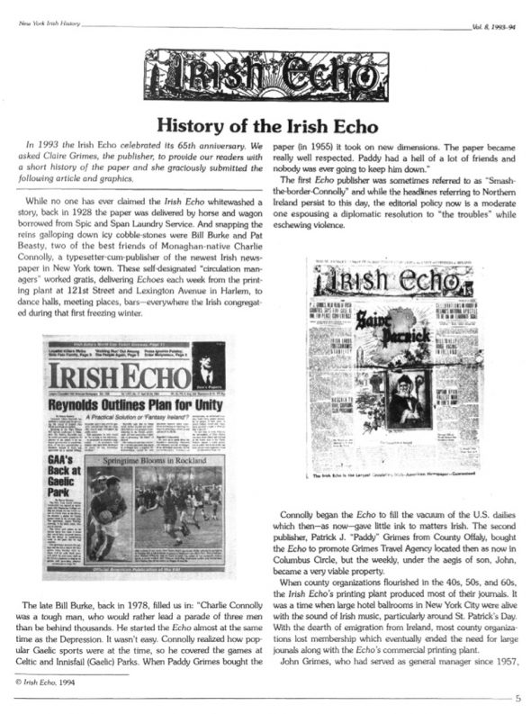 Page 1 of article: " History of the Irish Echo", from Volume V08 of the New York Irish History Roundtable Journal