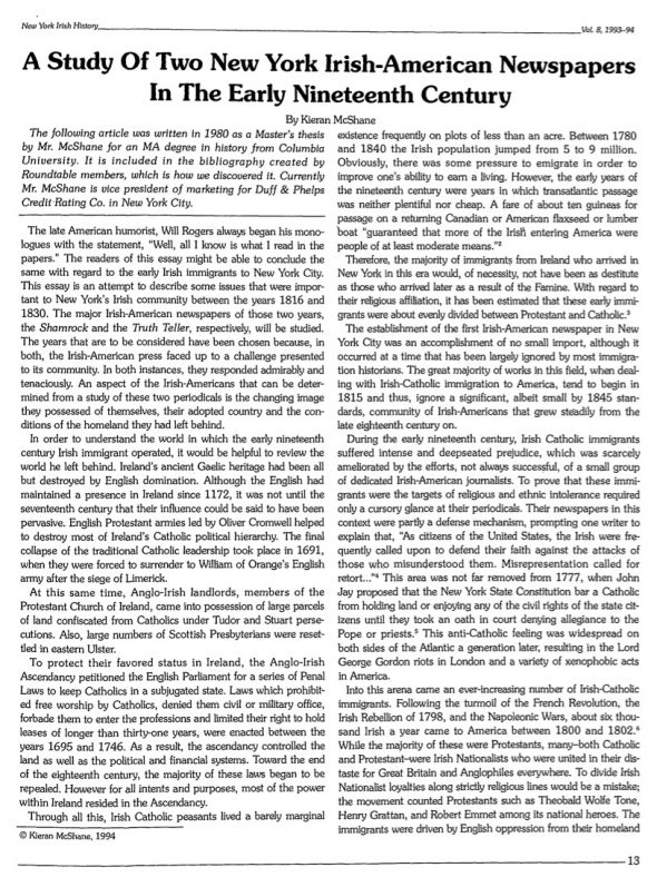 Page 1 of article: " A Study Of Two New York Irish-American Newspapers In The Early Nineteenth Century", from Volume V08 of the New York Irish History Roundtable Journal