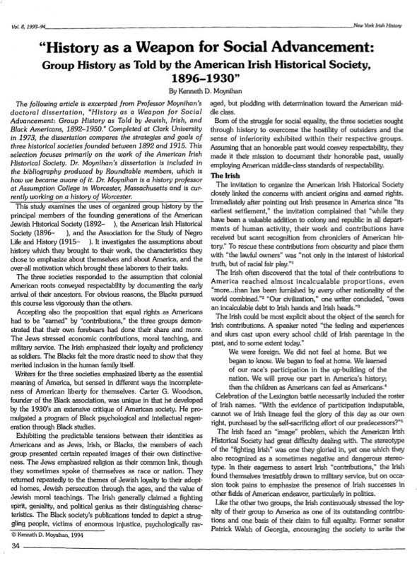 Page 1 of article: " History as a Weapon for Social Advancement - Group History as Told by the American Irish Historical Society, 1896-1930", from Volume V08 of the New York Irish History Roundtable Journal