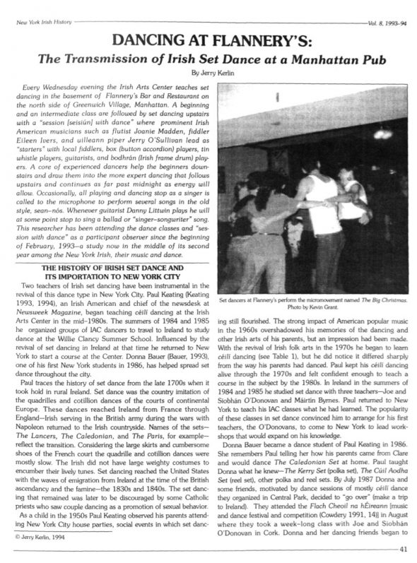 Page 1 of article: " Dancing At Flannerys - The Transmission of Irish Set Dance at a Manhattan Pub", from Volume V08 of the New York Irish History Roundtable Journal
