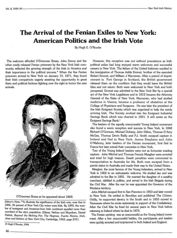 Page 1 of article: " The Arrival of the Fenian Exiles to New York - American Politics and the Irish Vote", from Volume V08 of the New York Irish History Roundtable Journal