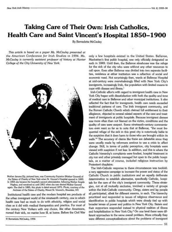 Page 1 of article: " Taking Care of Their Own - Irish Catholics, Health Care and Saint Vincents Hospital 1850-1900", from Volume V08 of the New York Irish History Roundtable Journal