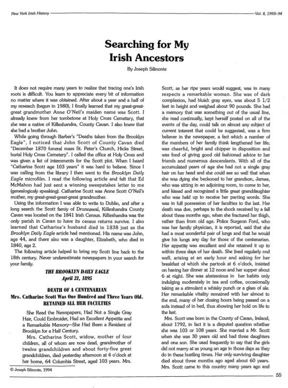 Page 1 of article: " Searching for My Irish Ancestors", from Volume V08 of the New York Irish History Roundtable Journal