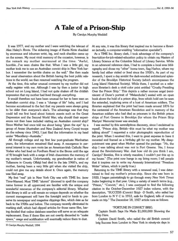 Page 1 of article: " A Tale of a Prison-Ship", from Volume V08 of the New York Irish History Roundtable Journal